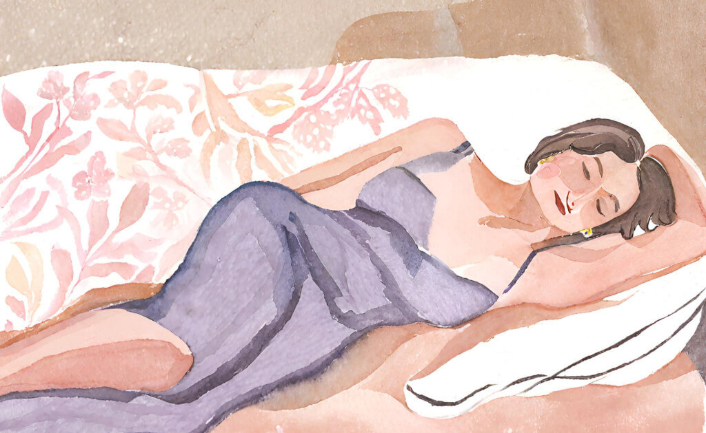 Watercolor of a woman lying on a sofa in a blue dress