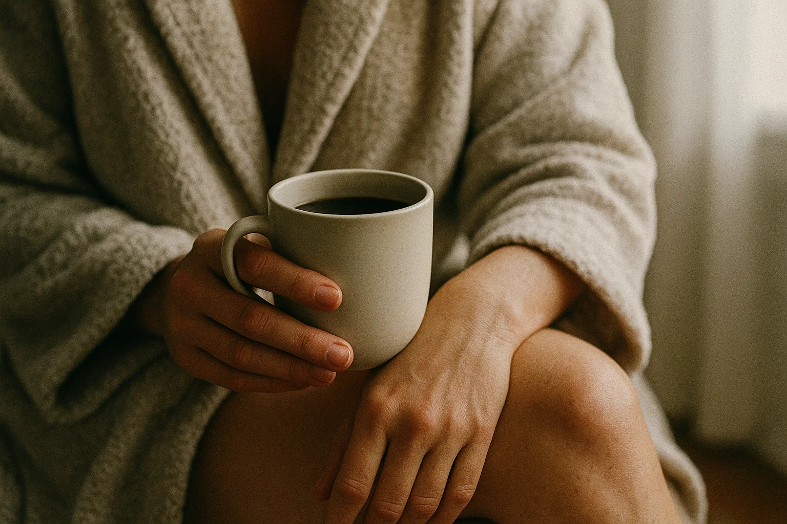 mug_shot Shot d'un mug posé sur la jambe d'une femme en robe de chambre