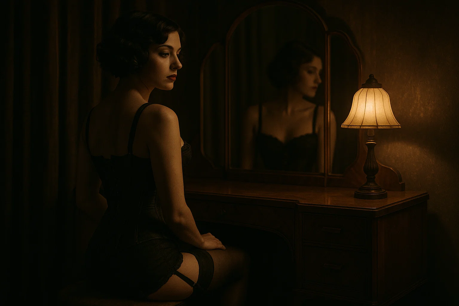 rétro-chic-boudoir Femme en corset vintage noir, assise sur une coiffeuse art déco. Ambiance tamisée type speakeasy. Lumière basse, effet cinématographique.